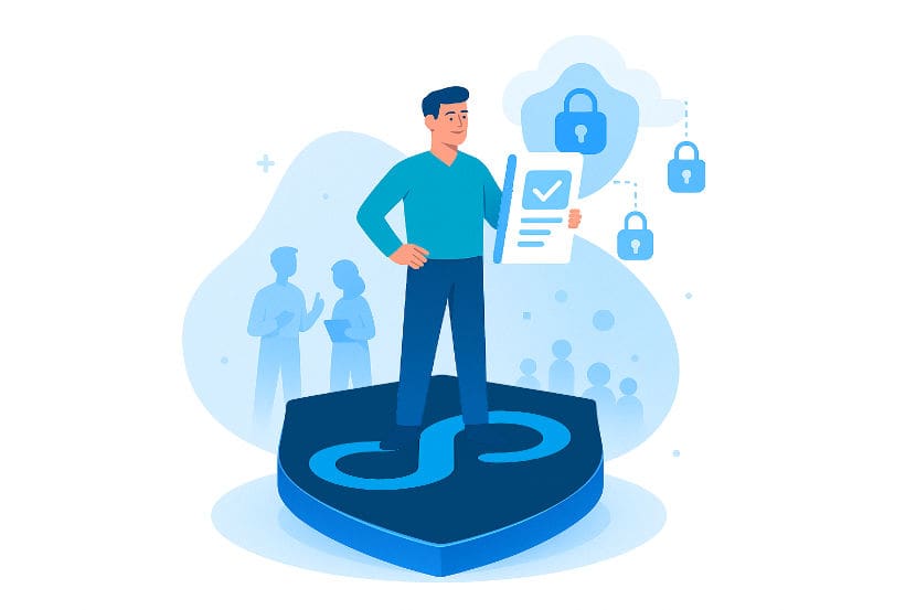 A compliance specialist standing on the Comply.Press logo proud of making a smart choice advising their clients to use Comply.Press