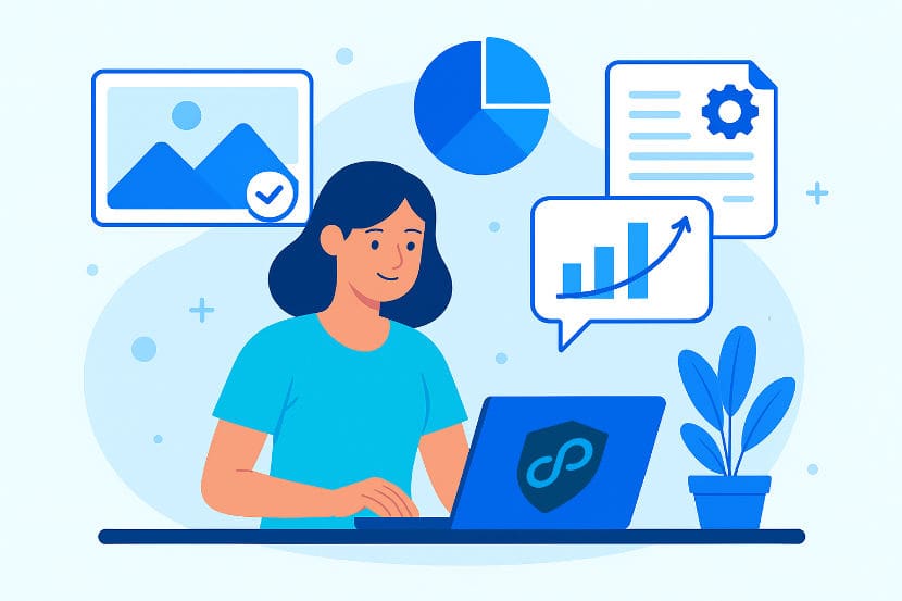 A confident woman works on a laptop using technology powered by Comply.Press for better compliant content and content distribution, SEO (search engine optimization), content compliance monitoring, and compliant digital marketing plan developtment