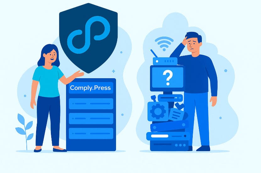 A confident woman standing beside a platform powered by Comply.Press vs a frustrated and scared man standing beside a "Frankenstack"
