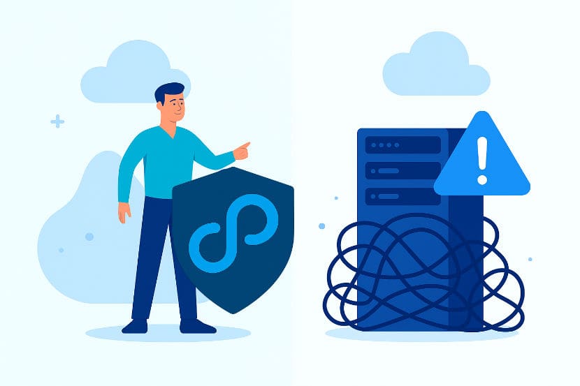 A man stands behind a Comply.Press logo shield versus a standard server stack in error behind a tangle of wires.