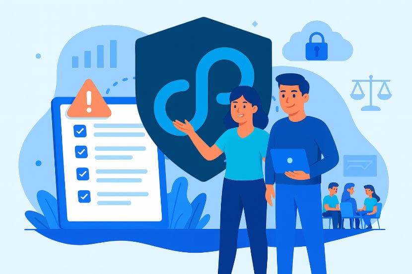 Image contains a Comply.Press advisor talking with a client about how Comply.Press helps a website meet compliance standards