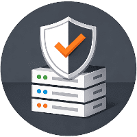 Illustration of secure hosting infrastructure with shield and checkmark representing compliance-first architecture for regulated financial and healthcare industries