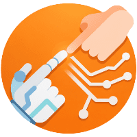 Human and robotic hand touching over neural network on orange background representing AI overview and LLM citation readiness.