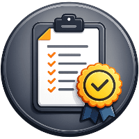 Compliance aligned risk mitigation icon featuring a clipboard checklist and certification badge inside a dark grey circular gradient.