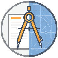 High Information-Gain Content Architecture icon showing architect compass over split blueprint and document representing strategic financial services content.