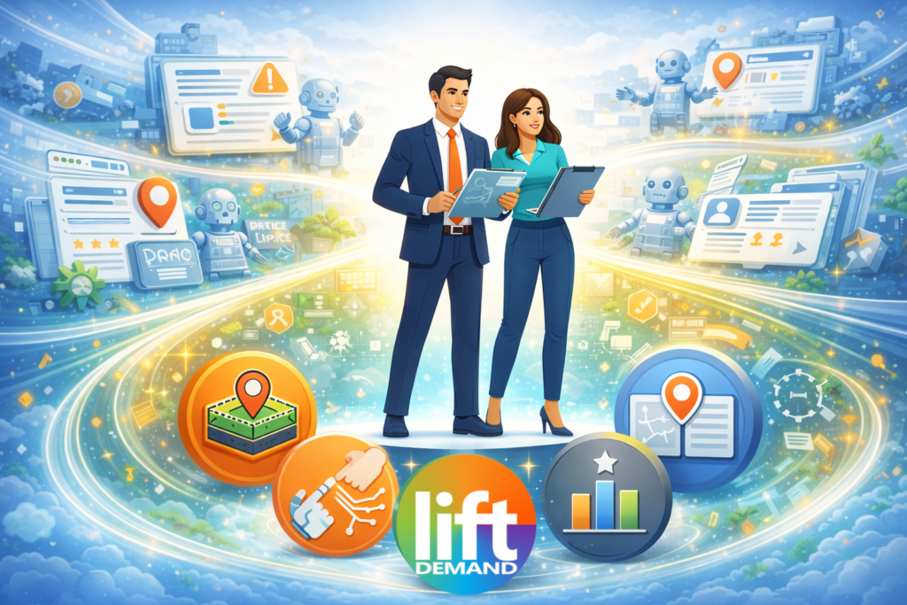 authorityoxygen-mlita-structured-authority-ai-saturation-financial-services Financial services professionals standing above AI-generated content chaos supported by structured authority, geographic positioning, and trust engineering