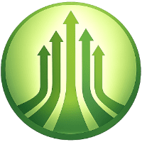 Compounding Authority Wins icon featuring five upward green gradient arrows inside a circular background representing structured long-term authority growth.