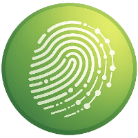 Digital fingerprint icon inside green gradient circle representing Information Gain Topic Engineering and editorial authority strategy.