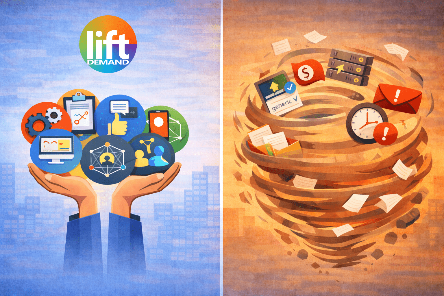 Perfect-10 vs Vendor Vortex – Integrated Marketing System vs Chaos Illustration comparing an organized integrated marketing system with scattered vendor tools, showing Perfect-10 coordination versus a chaotic vendor vortex.