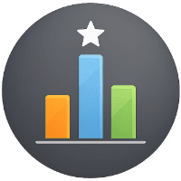 Quantitative Trust Engineering icon showing a blue, orange, and green bar graph with a star above the tallest bar inside a dark grey circle on a transparent background.