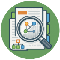 Flat vector icon representing semantic topical authority and intent mapping, showing interconnected nodes forming expertise clusters within a circular badge.