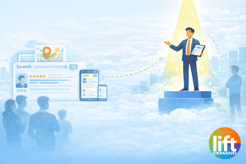 visible-authority-financial-services-seo-and-ai-visibility-illustration Financial services advisor elevated in search visibility spotlight while competitors remain in shadow, representing structured authority and market positioning